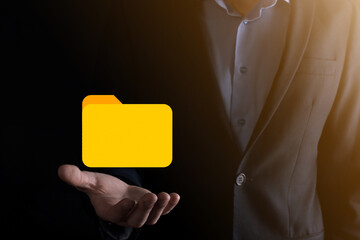 Businessman hold folder icon.Document Management System or DMS setup by IT consultant with modern...
