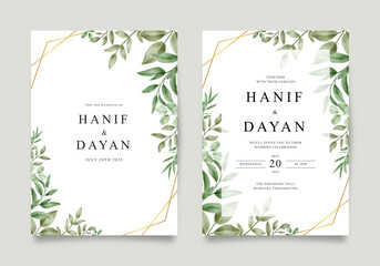 Wedding invitation card with green leaves and geometric frame