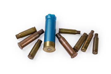 Spent shotgun shell 12 gauge and different assault rifles shells