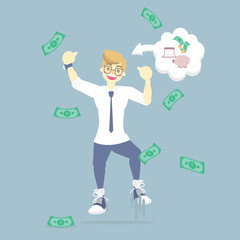 happy successful businessman jumping with falling money,piggy bank and passbook, flat character design vector illustration clip art