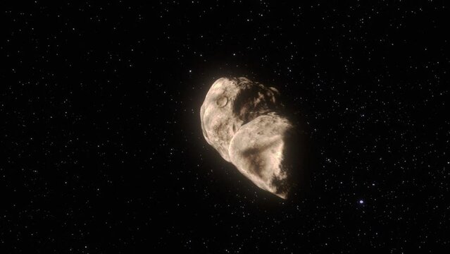 High quality 3D CGI fly-past simulation of the asteroid Toutatis plying its way through the star field of deep space with a slow lengthwise rotation