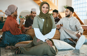 A happy Muslim woman sitting, with family and celebration of culture during Ramadan. A modern...