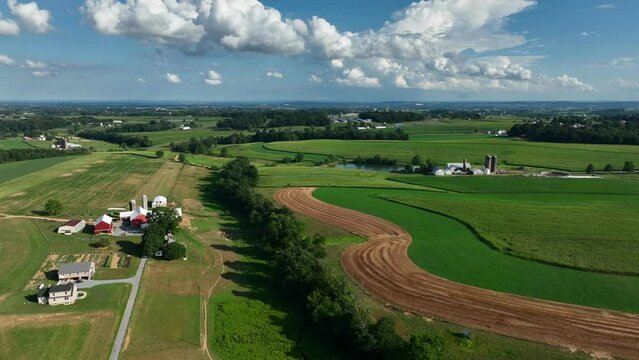 Fields make patterns in Lancaster County Pennsylvania farmland in summer.