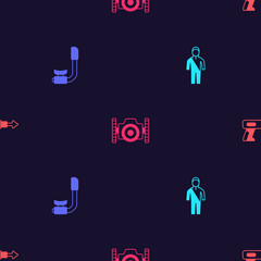 Set Wetsuit for scuba diving, Snorkel, Photo camera diver and Fishing harpoon on seamless pattern. Vector