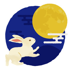 お月見・中秋の名月・十五夜のイラスト／満月・ウサギ