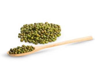 Mung beans in wooden scoop, isolated on white background.