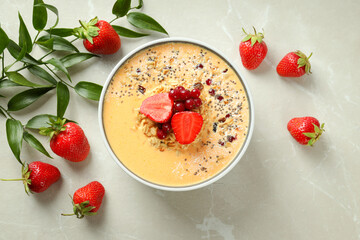Concept of delicious food with smoothie with different ingredients, top view
