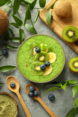 Concept of delicious food with smoothie with different ingredients, top view