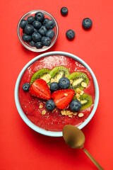 Concept of delicious food with smoothie with different ingredients, top view