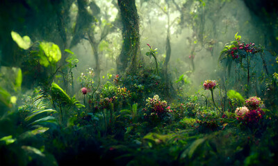 dreamy fantasy deep jungle lush vegetation, digital illustration - obrazy, fototapety, plakaty