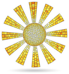 An illustration in the style of a stained glass window with an abstract sun, the sun isolated on a white background