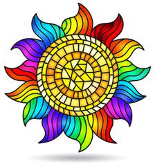 An illustration in the style of a stained glass window with a bright sun , isolated on a white background
