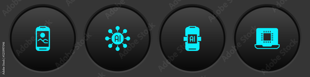 Poster set mobile phone, neural network, artificial intelligence ai and processor cpu icon. vector