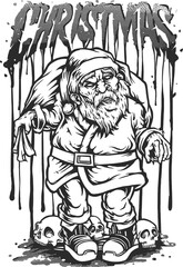 Fototapeta na wymiar Zombie santa claus with skull head monochrome