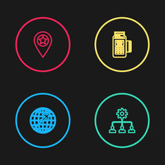 Set line Globe with flying plane, Lead management, POS terminal and Location star icon. Vector