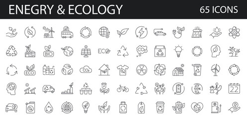 Energy, recycling, ecology set of 65 line vector icons. Contains such icons as Eco, Environment, Lightbulb, Green Energy, Water, Climate Change, Recycling. Editable stroke © SkyLine