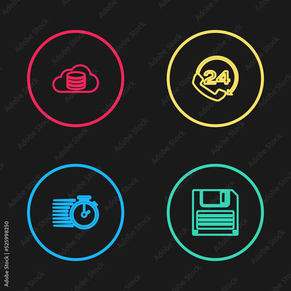 Poster set line stopwatch, floppy disk, telephone 24 hours support and cloud database icon. vector