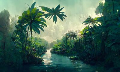 Fototapeta na wymiar river in tropical forest, jungle, landscape, digital illustration
