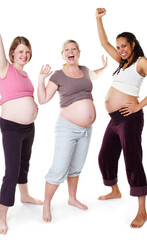 Happy pregnant and diversity women in studio or pregnancy portrait, mother to be with wellness success smile, white background mockup. Excited mom group friends with happiness and joy for baby birth