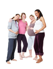 Obraz premium Pregnant girl friends, pregnancy and future mother group portrait looking happy and content. Happiness of women smile holding their stomach to show support, trust and community solidarity at a studio