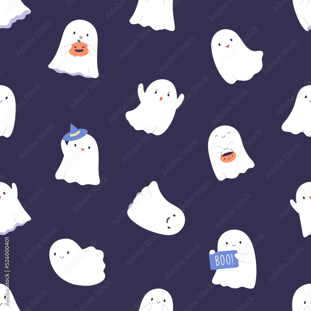 Aufkleber cute halloween ghosts pattern. seamless kids background with happy boo characters repeating print. e