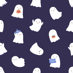 Cute Halloween ghosts pattern. Seamless kids background with happy boo characters repeating print. Endless texture design with funny kawaii spirits. Flat vector illustration for holiday decoration