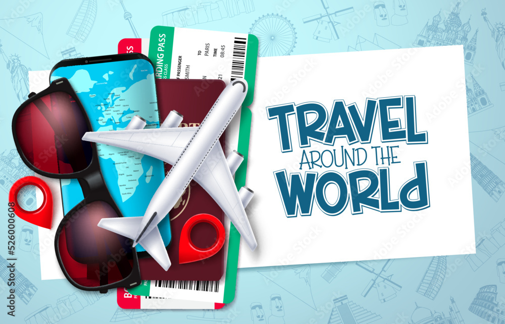 Aufkleber travel around world vector template design. travel text in empty space with traveler elements like p