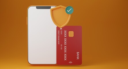 shield with Smartphone blank display and Credit card.secure credit card transaction and online wallet app,payment protection concepts.Safe payments,Money saving,Mock up copy space.3D rendering