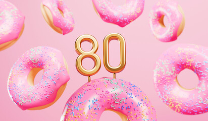 Happy 80th birthday celebration background with pink frosted donuts. 3D Rendering
