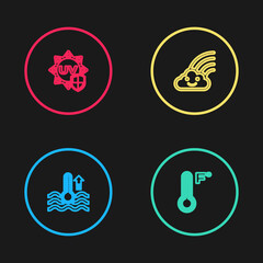 Set line Water thermometer, Meteorology, Rainbow with cloud and UV protection icon. Vector
