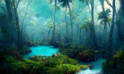 Obraz premium fantasy hidden blue lagoon in the tropical forest, digital illustration