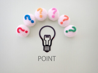 ポイントPOINTの単語、電球とたくさんのはてなマーク