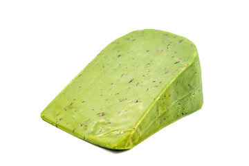 Green gouda cheese. Gouda cheese with basil isolated on a white background. Dutch cheese. close up