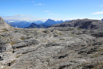 incredible mountain landscape in the Dolomites that looks like the lunar surface and an alpine refuge called Rifugio Rosetta