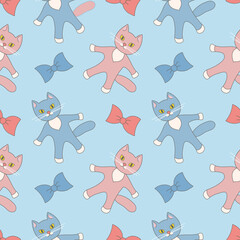 Hand-drawn vector illustration of a seamless pattern of cute cats. Print design of kittens and bows, children's print sketch