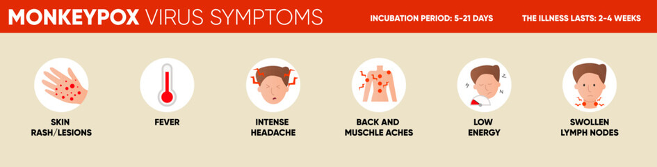 Monkeypox virus symptoms simple infographic. Poster for social media, articles and flyers. Vector illustration.