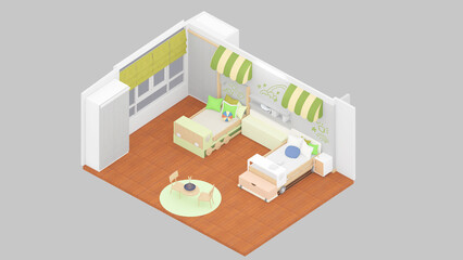 Isometric view children's bedroom with 2 beds, 3d rendering.