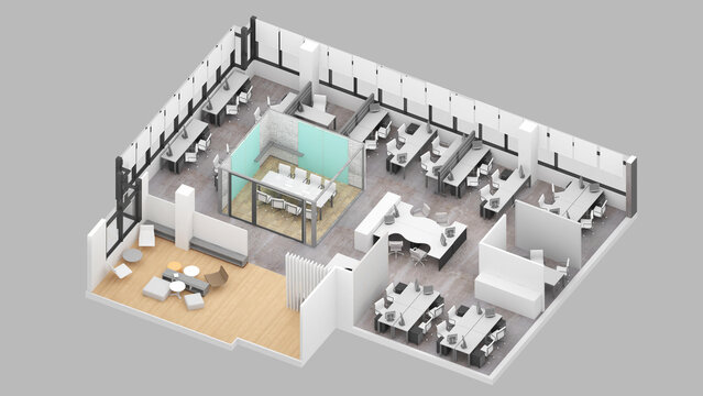 Isometric View Of A Office Area,reception And Meeting Room, 3d Rendering.