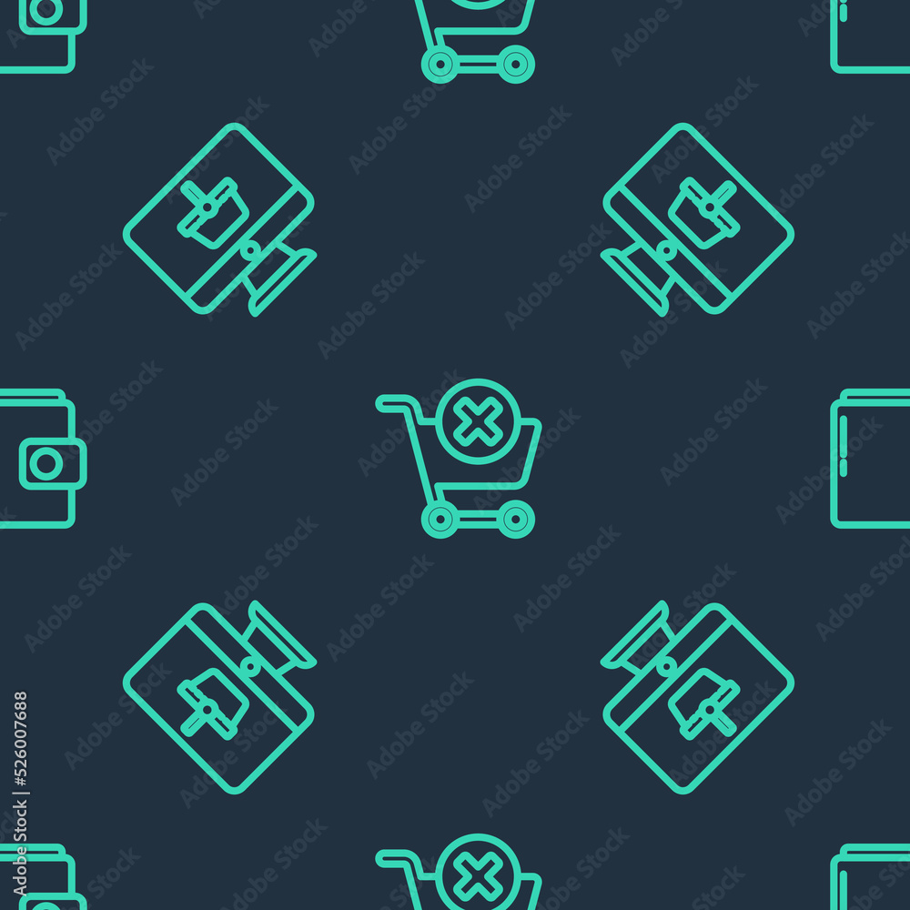 Poster Set line Remove shopping cart, Monitor with basket and Wallet on seamless pattern. Vector