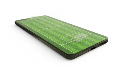3d rendering of soccer field on mobile phone screen. Soccer pitch on smartphone screen isolated on white background. betting concept