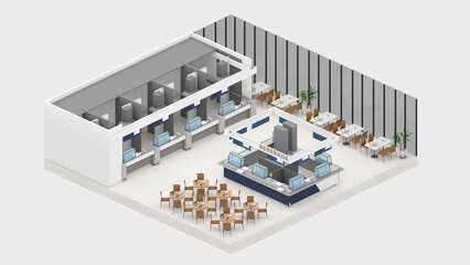 Isometric view food court,restaurants in shopping malls, 3d rendering.