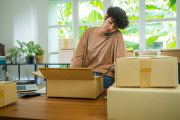 Owners female entrepreneurs prepare to pack boxes,Delivery procurement package box deliver to...