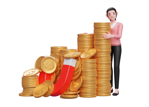 Businesswoman In Pink Sweater Raising Capital With Magnets For Business, 3d Illustration Of A Business Woman In Pink Sweater Holding Dollar Coin