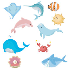 Fototapeta premium Set of cute animals. Hand drawn characters. Sweet funny animals. Collection for prints poster or sticker. Vector illustration.