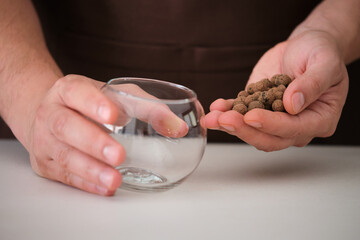 Man's hands holding lightweight expanded clay aggregate and a crystal vase. Home gardening.