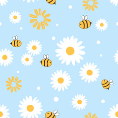 Seamless pattern with daisy flower and bee cartoons on blue background vector illustration.