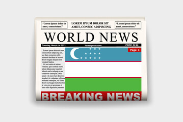 Uzbekistan country newspaper with flag, breaking news on newsletter, news concept, gazette page with headline