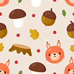 Vector seamless pattern with squirrels, nuts, mushrooms, leaves, berries. Autumn pattern. For card, posters, banners, printing on the pack, printing on clothes, fabric, wallpaper.