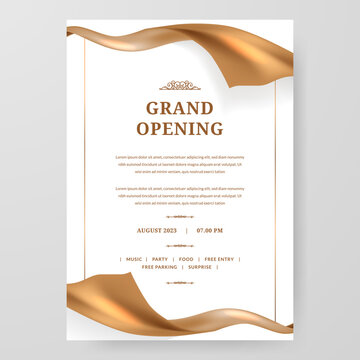 Grand Opening poster celebration with golden fabric satin gold silk ribbon element decoration for luxury elegant vip