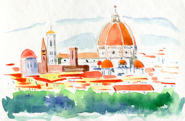 panorama of the old town. Florence beautiful view. Watercolor painting. Santa Maria del Fiore cathedral in Florence, Italy ehere dome bell and tower dominating the skyline - obrazy, fototapety, plakaty